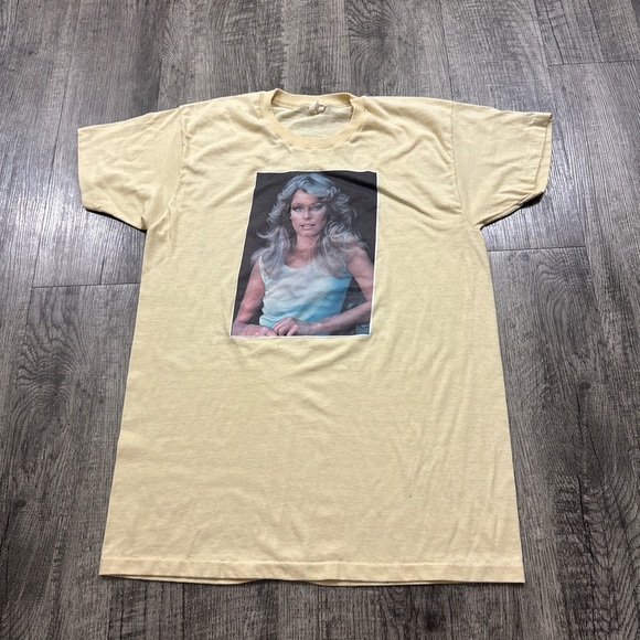 Vintage 70s Farrah Fawcett Yellow T Shirt Single Stitch Retro Charlie’s Angels